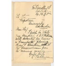 Mrs L Parkinson - Adelaide - Miss C E V Parkinson will discontinue lessons at Conservatorium