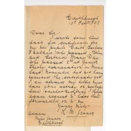 Miss L M Jenner - Edithburgh - Request for Theory Certificates for Misses Edith Barbara Faulkner and Gertrude Mary Day