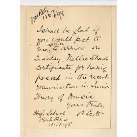 Miss Bessie Scott - Port Pirie - Theory of Music certificate for Nellie Shaw