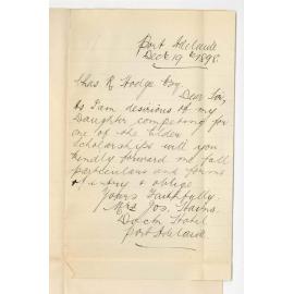 Mrs Joseph Hains - Port Adelaide - Request for particulars of Elder Scholarships at Conservatorium