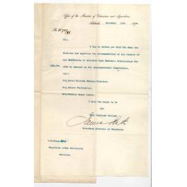 James Bath - Secretary - Minister of Education - Approval of award of Entrance Scholarships for 1899