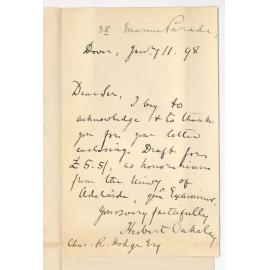Sir Herbert Oakeley - 28 Marine Parade Dover - Acknowledging receipt of £5-5-0 Honorarium Music Baccalaureate Compositions