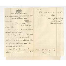 A E Balch - Resident Clerk - Associated Board of the Royal Academy of Music and Royal College of Music - Sydney - Giving results of Practical Exam in Sydney