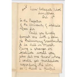 Miss E Hortscher - Ladies College School - Semaphore - Information re Preliminary also request for form