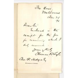 Professor Thomas R Lyle - University of Melbourne - Acknowledging receipt for Cheque Fees for Examination