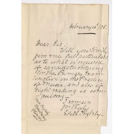 Miss Edith Ingleby - Broadway Glenelg - Asking for particulars of requirements for Primary Examination in Music