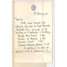 Samuel James Way - Per Harry B Taylor -  Judges Associate - Forwarding Books as a contribution to the University Library