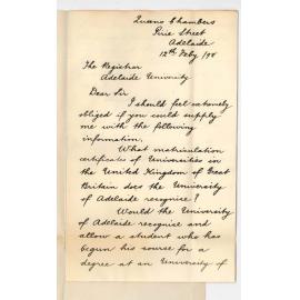 William Machonochie-Welwood - Adelaide - Asking what Matric Certificates of United Kingdom are accepted and would a Law Student of British University be admitted ad eundem statum