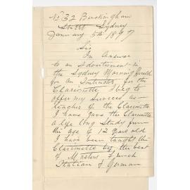 M Flavon - Sydney - Application Teacher Clarionette in the Conservatorium