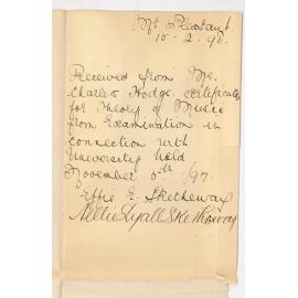 Miss Nellie Lyall Sketheway - Mount Pleasant - Acknowledging Theory Certificates