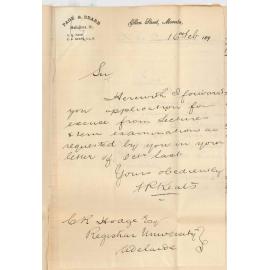 Frederick Phillips Keats - Moonta - Application to be excused from attendance at Lectures