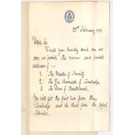 Harry B Taylor -Judges Associate - Supreme Court - Request for names - Master of Trinity - Vice Chancellor of Cambridge - Dean of Christchurch