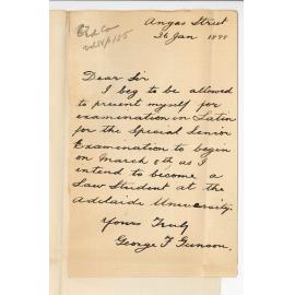 George F Gunson - Request to be allowed to sit for Examination at Special Senior in March 1898