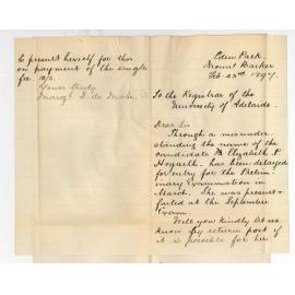 Margaret Isabel de Mole - Mount Barker - Asking whether Elizabeth P Hogarth can enter for Preliminary now for fee of 10 shilling and 6 pence only