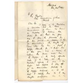 Sir Jenkin Coles - Adelaide - Concerning the Conservatorium and objecting to Exam fee of 10/6