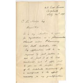 Alfred H Dentry - East Terrace Adelaide - Asking for Certificates necessary for securing registration as a Pharmaceutical Chemist