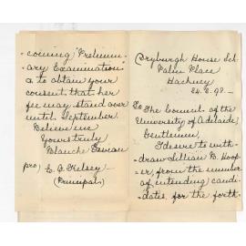 Blanche Vivian for E O Kelsey - Principal - Dryburgh House School - Hackney - Withdrawing Lillian B Hooper from the Preliminary Examination