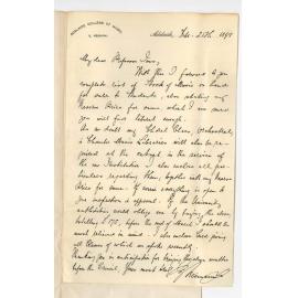 Herr Gotthold Reimann - College of Music - Adelaide - to Professor Joshua Ives - Forwarding List with prices of Stock of Music at College