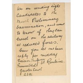 J W Rankine - Gawler South Grammar School - Asking if preliminary candidates can travel on railways at reduced rates