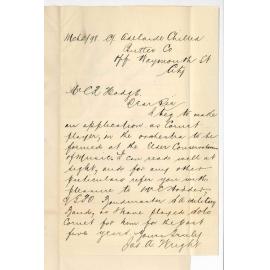 James A Wright - Application for position of cornet player in orchestra