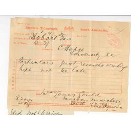 Mrs Louis Gould - Hobart - Application for position as teacher in Conservatorium