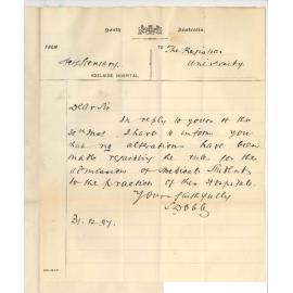 Stanley Dobbs - Acting Secretary - Hospital - No alterations re Admission Medical Students Hospital Practice
