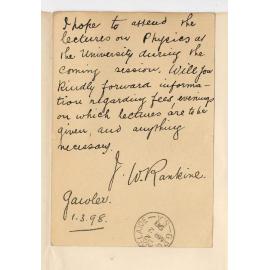 J W Rankine - Gawler - When lectures on Physics will be given and what fees will be charged