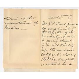 Mrs Thomas Charles Cloud - Wallaroo - Request for certificate showing daughter has entered as student at Conservatorium