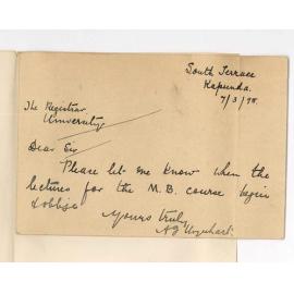 Alfed James Urquhart - Kapunda - When MB lectures begin