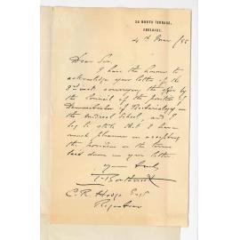 Dr Thomas Borthwick - Adelaide - Accepting position as Lecturer on Bacteriology with thanks