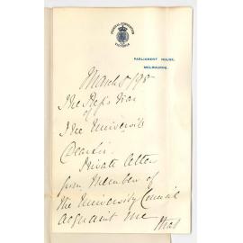 Edwin Gordon Blackmore - Melbourne - Wishes to know if he will receive Official Notice of the Councils Acceptance of his offer to give Course of Extension Lectures on English History