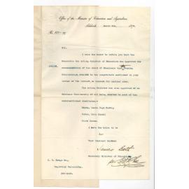 James Bath - Secretary - Minister of Education - Approval recommendation renewal old Scholarships - Also to award Entrance Scholarships to Laura Olga Hedwig Heyne - Dora Isabel Paton - B Kirby