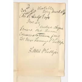 Miss Fanny Phillips - Fitzroy - Cheque for quarters Music fees