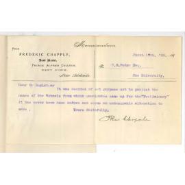 Frederick Chapple - Prince Alfred College - Calling attention to fact that names of Schools were published in Preliminary list