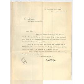 Cecil T Bray - Adelaide - Asking that Entrance fee paid by his brother may be transferred to his credit for lecture fees