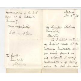 William H Gosse - Adelaide - Request for Matriculation Certificate and MB Certificates