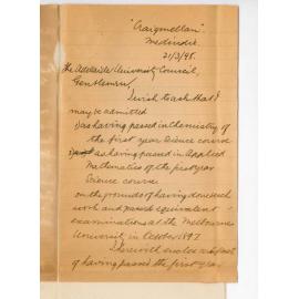 G Alfred Hancock - Adelaide - Request to be admitted as having passed 1st Year BSc Course