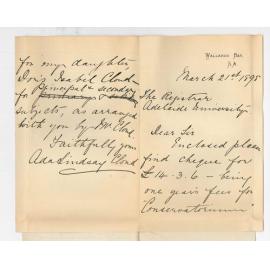 Mrs Thomas Charles Cloud - Wallaroo - Forwarding Music fees for Miss Doris Cloud and deducting Entrance Exam fee