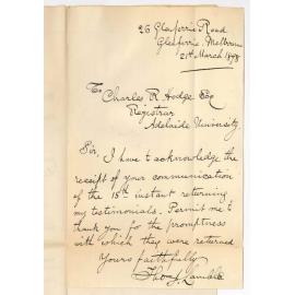 Thomas J Lamble - Glenferrie - Acknowledging receipt of Testimonials