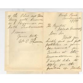 William C Thomson - Camberwell - Particulars duties etc Teacher Oboe and Horn