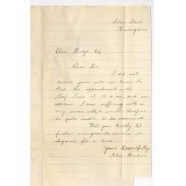 Miss Alice Burton - Kensington - Cannot keep appointment with Professor Joshua Ives owing to illness