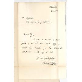 Cecil T Bray - Adelaide - Thanking Council for placing brothers fees to his credit