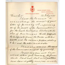 Frank Pownall - Royal College of Music - Relating to Miss Corvans Appointment to South Australian Scholarship