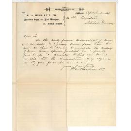 P A Howells and Company - Adelaide - Offering to supply Music to Conservatorium