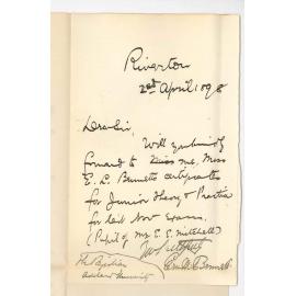 E M Bennett - Riverton - Asks for Miss E L Bennetts Certificates for Music