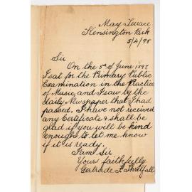 Gertrude Fanny Threlfall - Kensington Park - Asking for Certificate Preliminary Practice of Music