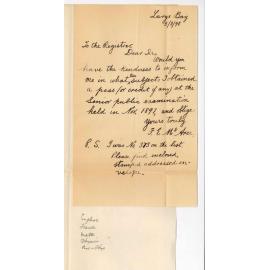 F E McAree - Largs Bay - Asking in what two subjects a pass or credit if any was obtained