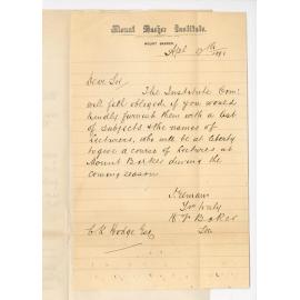 H F Baker - Secretary Mount Barker Institute - Requesting to be furnished with list of subjects and names of Lecturers who will lecture at Mount Barker during coming season