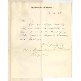 Ernest F Turner - University - Asking for Certificate 3rd Year BSc Examination