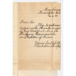 Gertrude Threlfall - Kensington Park - Acknowledges receipt of Certificate